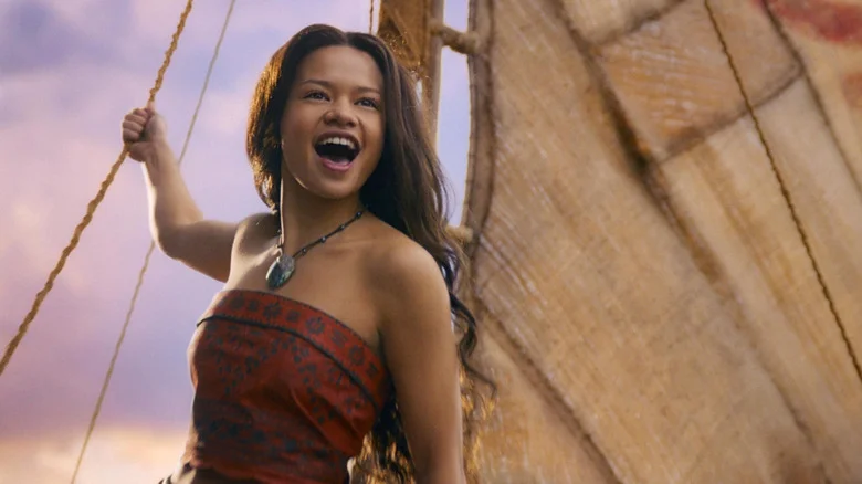 Catherine Laga'aia as Moana singing on her boat in Moana (2026)