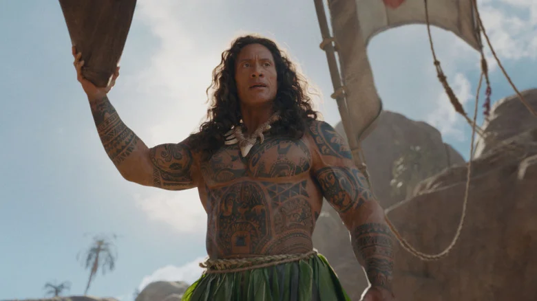 Dwayne Johnson as Maui holding up the boat in Moana (2026)