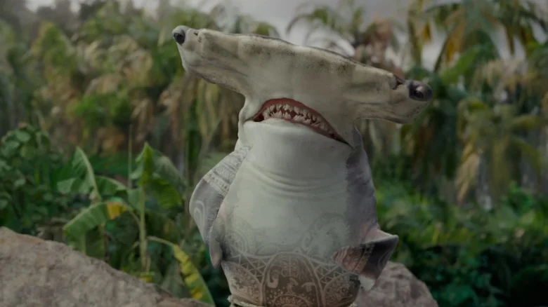Maui, having transformed into a hammerhead shark, in Moana (2026)
