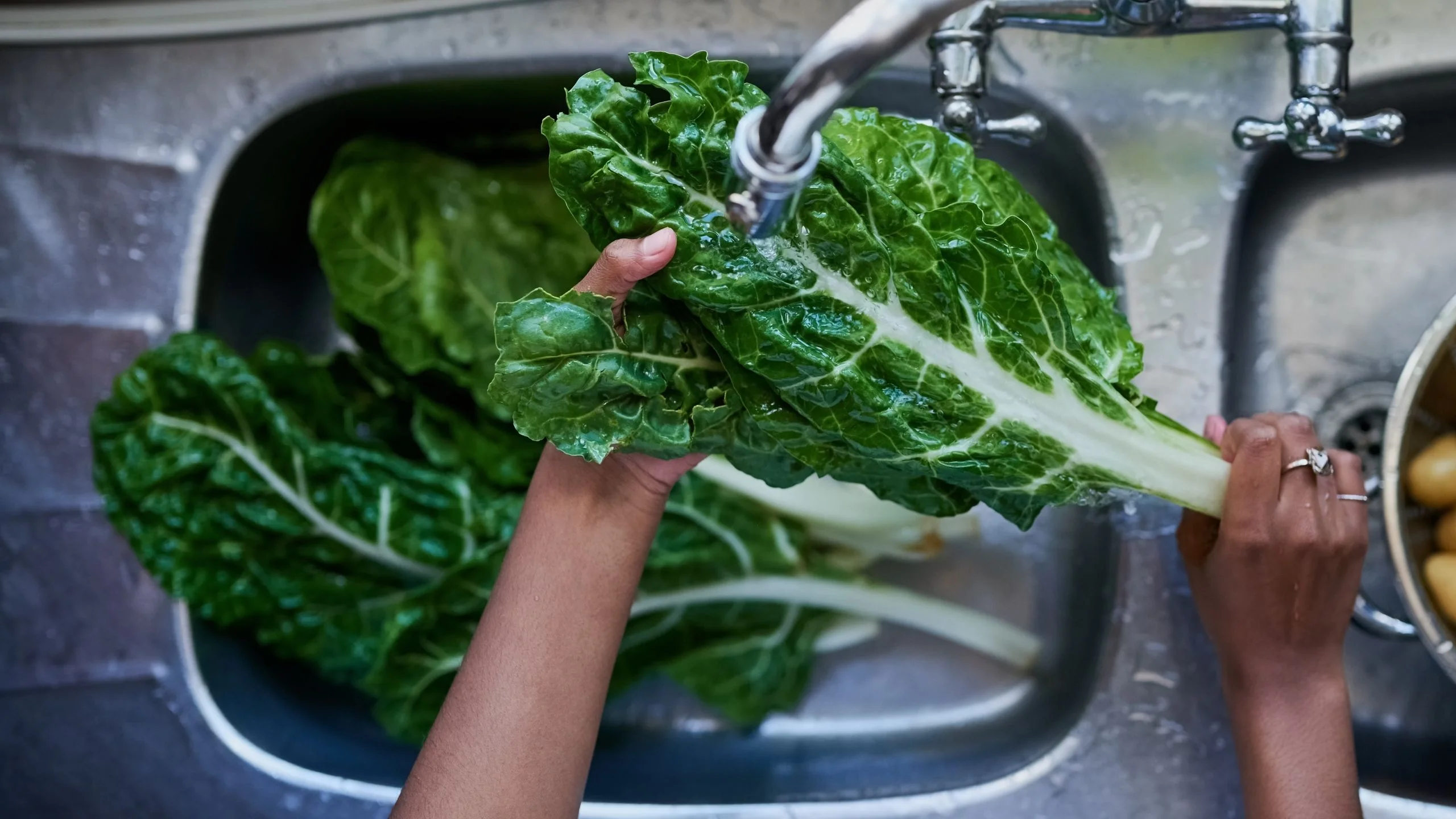 Cropped shot of a woman rinsing greends in a kitchen sink at home.