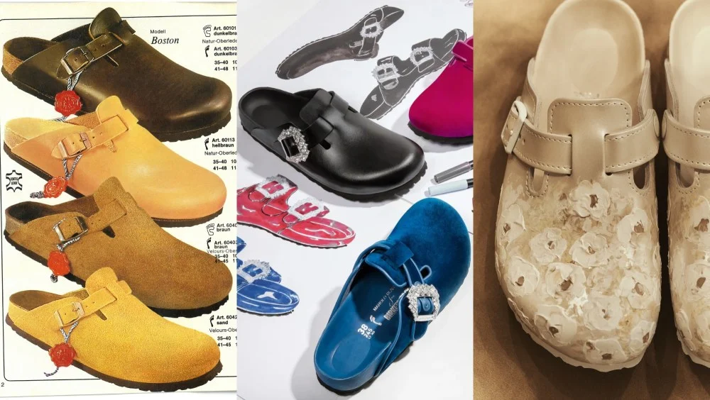 Left: Archival Birkenstock imagery.
Middle: Manolo Blahnik x Birkenstock collaboration.
Right: Danielle Frankel x Birkenstock collaboration.