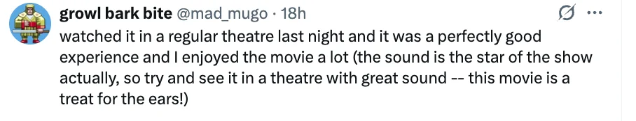 Tweet praising a movie-watching experience in a theater, highlighting great sound as a key feature