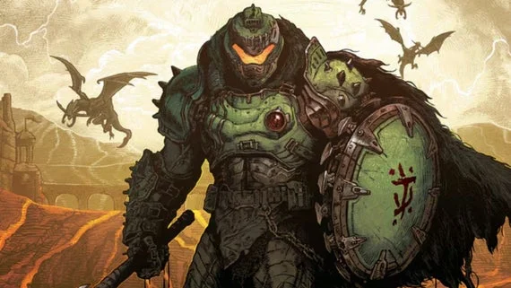 doom slayer stands with a shield in a drawn style in front of a flying demon