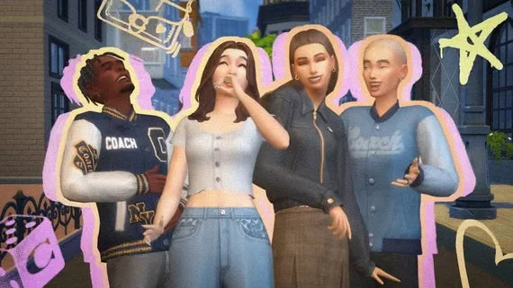A group of young characters from The Sims 4 laugh and pose in trendy Coach clothing.