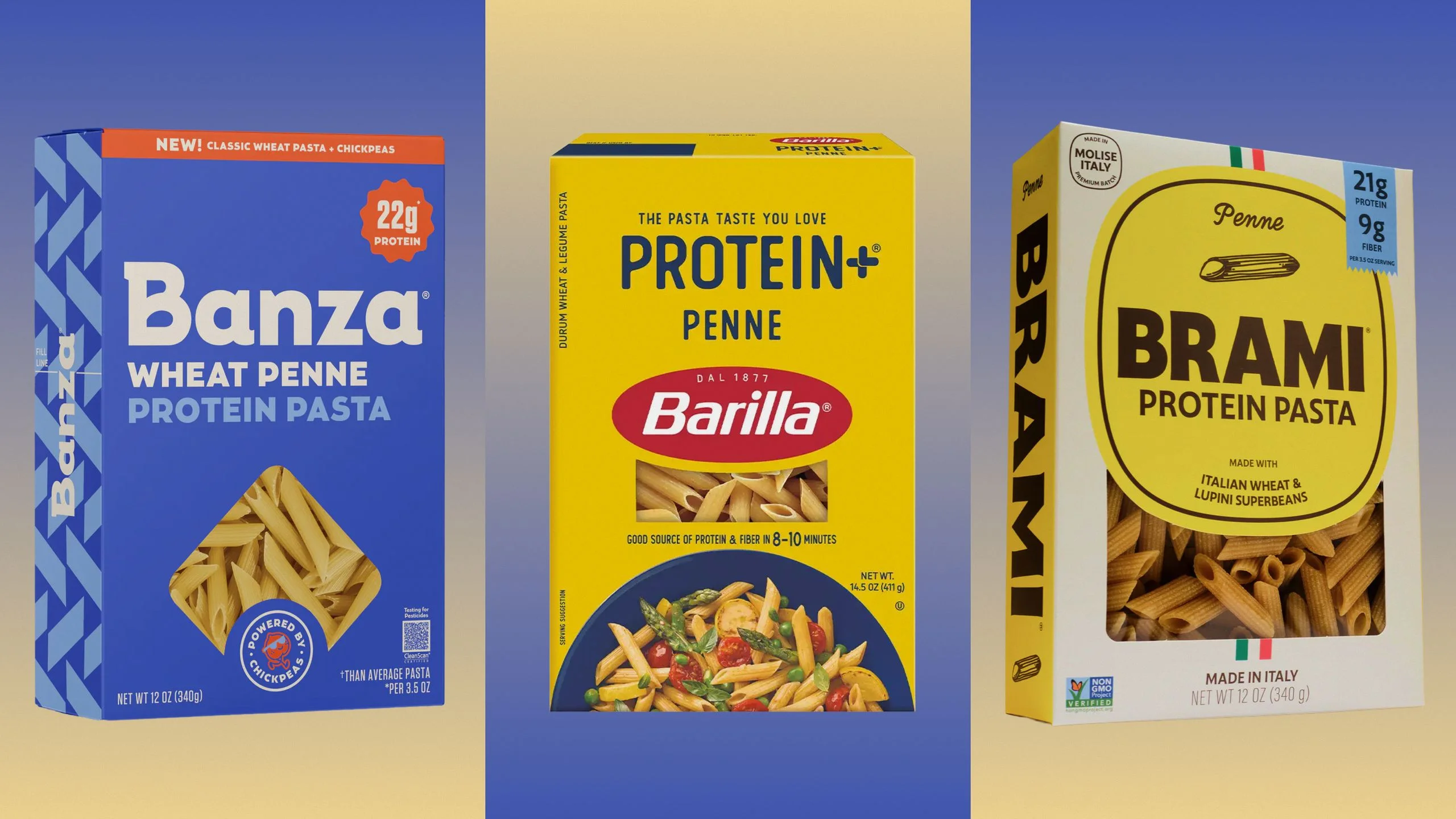 Collaged image of three brands of protein pasta boxe