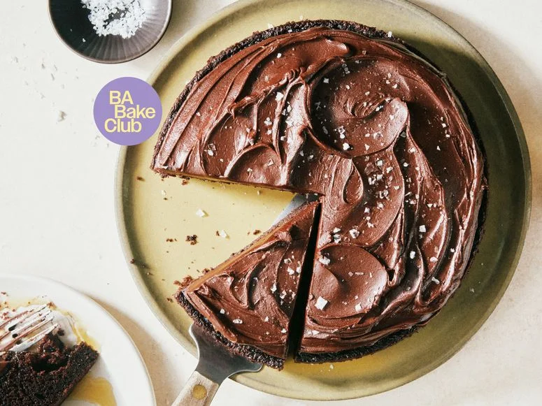 A chocolate cake made with olive oil and topped with flakey sea salt.