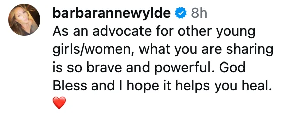 Comment praising someone's brave and powerful sharing, offering support and blessings