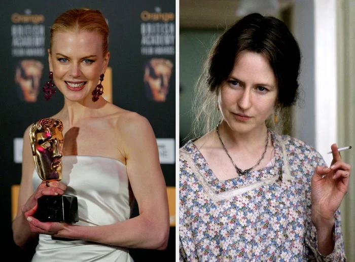Left: Nicole Kidman holding a BAFTA award in a strapless, white gown. Right: Nicole Kidman portraying Virginia Woolf in The Hours. She holds a cigarette and wears a floral dress