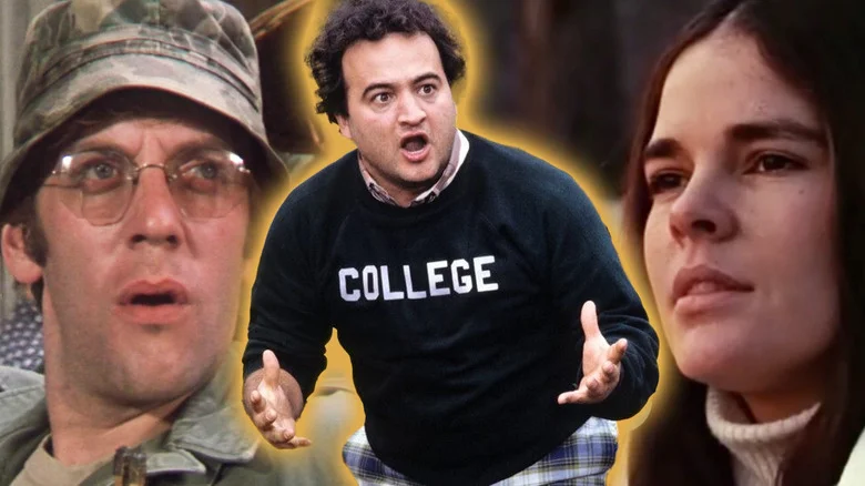 John Belushi in National Lampoon's Animal House surrounded by shots from M*A*S*H and Love Story