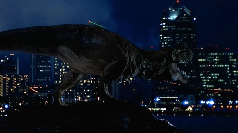 The T-rex roaring looking at the San Diego skyline in The Lost World: Jurassic Park