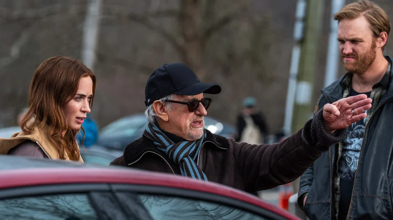Steven Spielberg behind the scenes directing Emily Blunt and Wyatt Russell in Disclosure Day