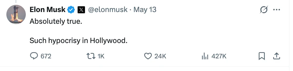 Tweet by Elon Musk expressing agreement with criticism of Hollywood