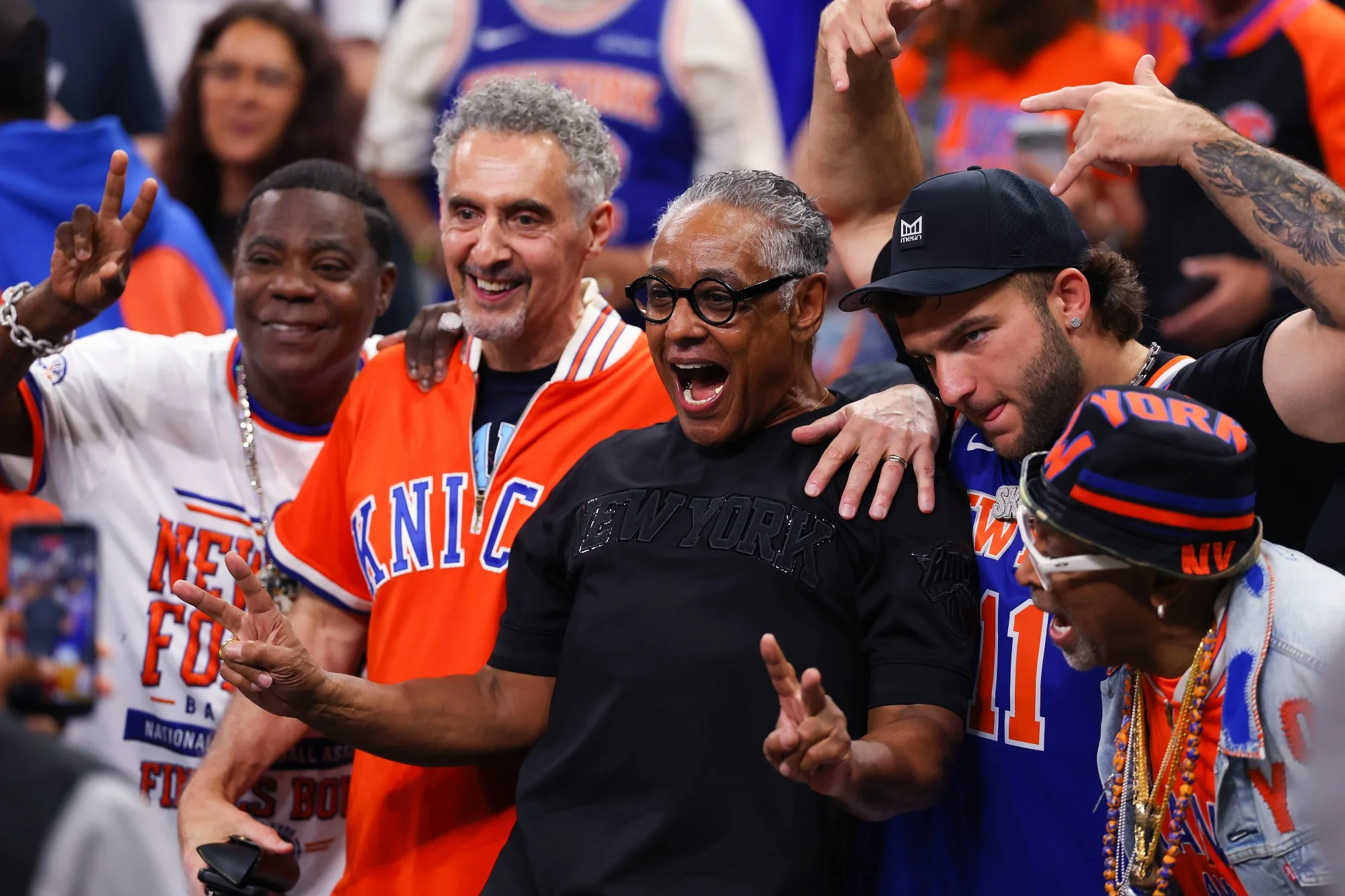 Tracy Morgan, John Turturro, Giancarlo Esposito, Cam Skattebo and Spike Lee pose for a photo before Game Five of the 2026 NBA Finals between the San Antonio Spurs and the New York Knicks at Frost Bank Center on June 13, 2026, in San Antonio, Texas.