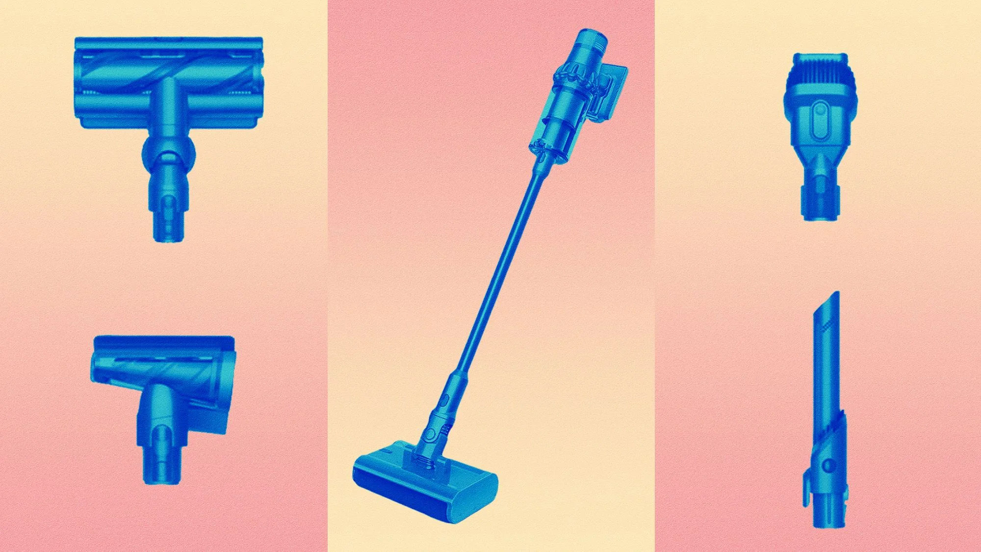 Collage of Dyson Vacuum cleaner and attachments for best cordless vacuum cleaner review