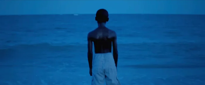A person stands facing the ocean under a blue-lit sky, creating a contemplative and serene scene