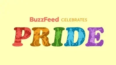 BuzzFeed Celebrates Pride text with ornate, colorful letter designs on a light background