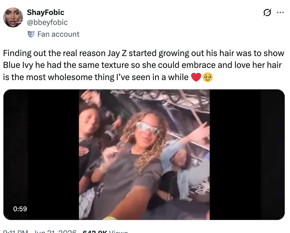 Tweet about Jay Z growing his hair to support Blue Ivy, showing a video with a woman dancing