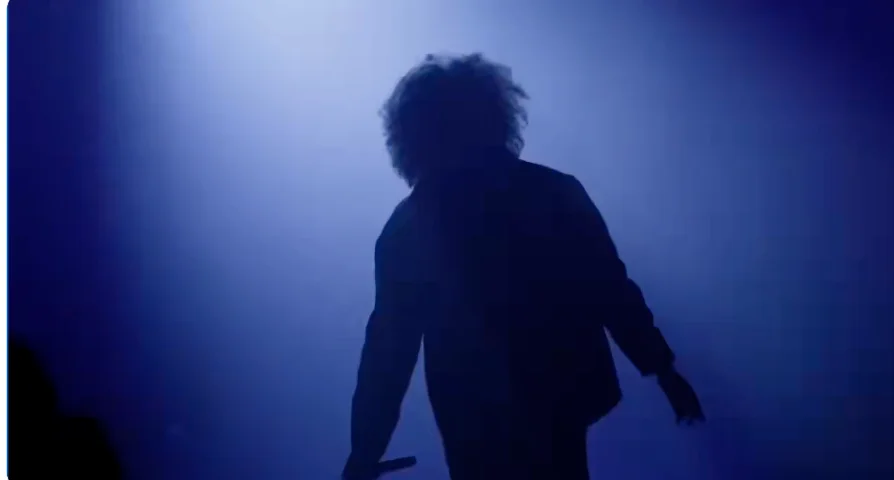 Silhouette of a person with curly hair holding a microphone on stage, suggesting a performance or concert