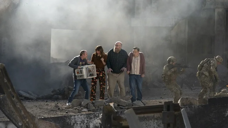 Stuart holding an air condiitoner next to Denise, Bert, and Barry on Stuart Fails to Save the Universe