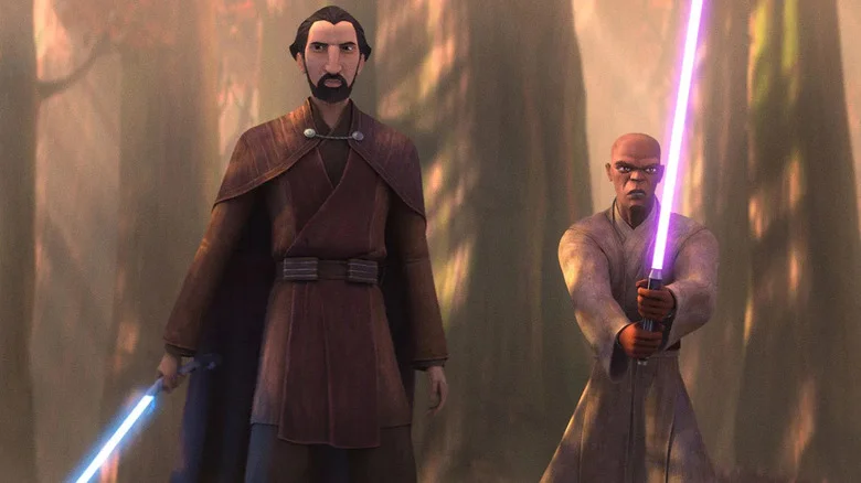Count Dooku and Mace Windu stand side by side, weapons ready, in Tales of the Jedi