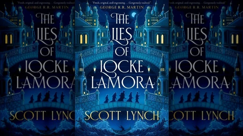 A group of five individuals traveling in a city at night on the cover of The Lies of Locke Lamora