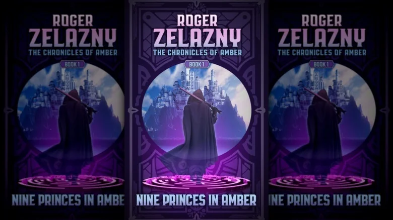 An illustration of a hooded figure carrying a sword on the cover of "Nine Princes in Amber."