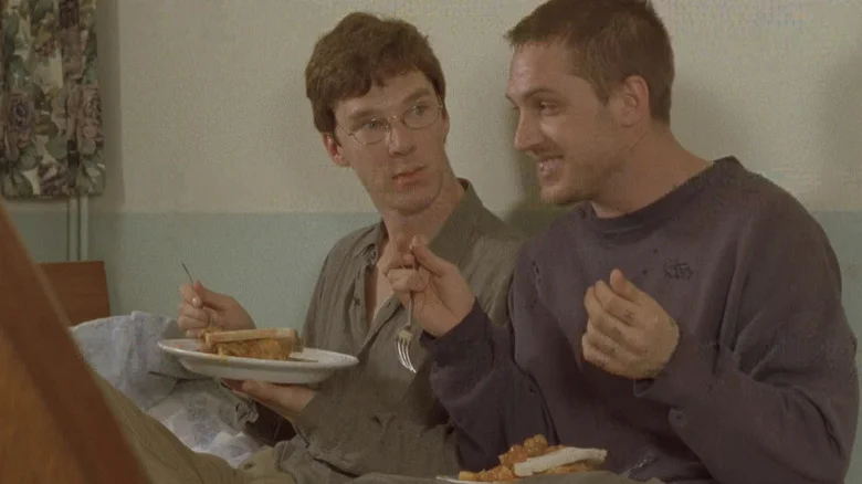 Benedict Cumberbatch's Alexander Masters sits looking at Tom Hardy's Stuart Clive Shorter in Stuart A Life Backwards