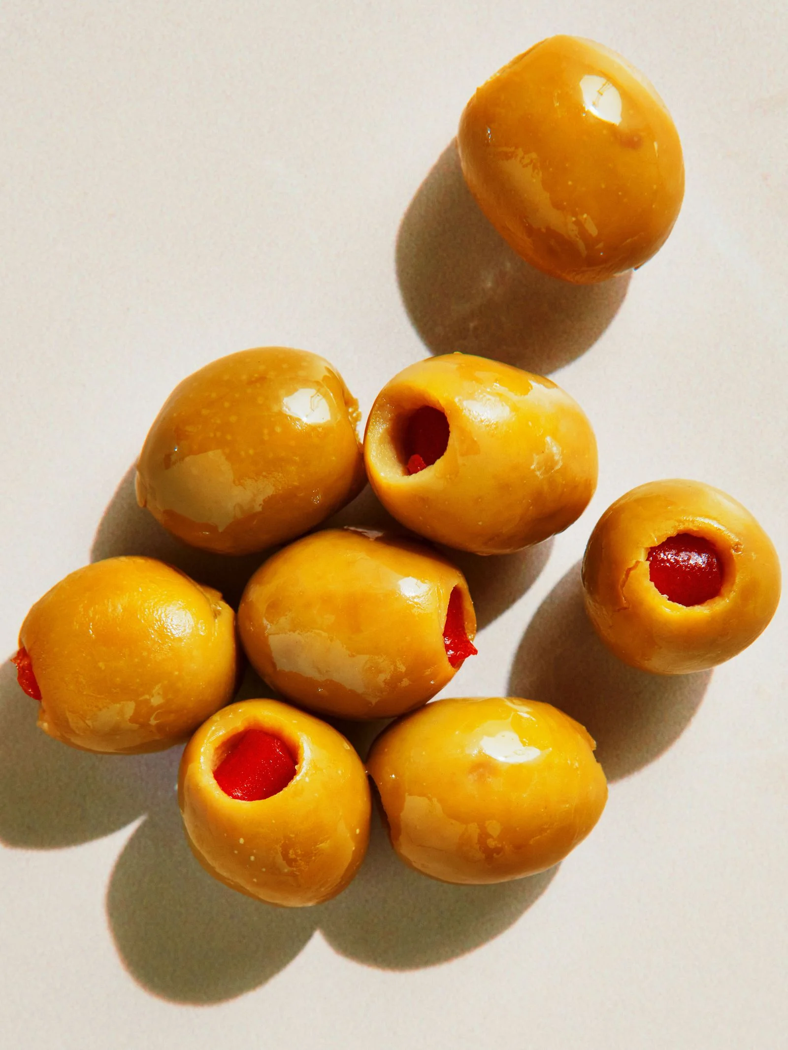 Eight pimentostuffed Manzanilla olives.