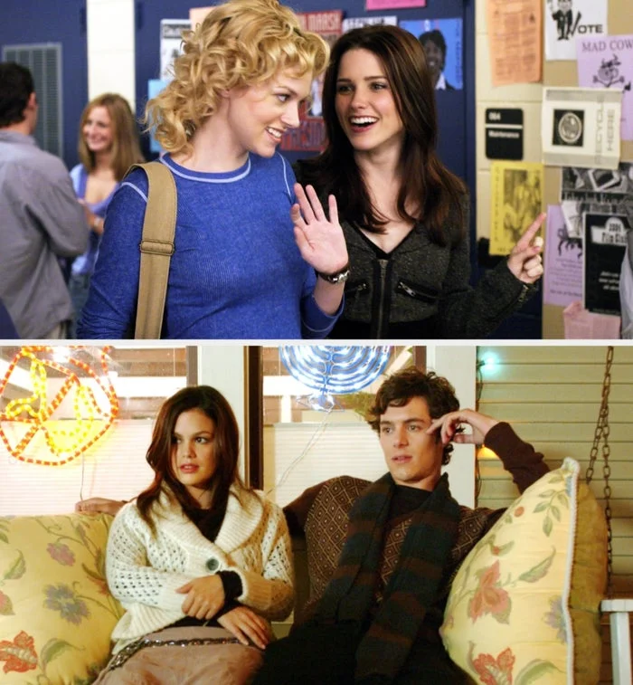 Two scenes from a TV show: Top: Two women smiling and talking in a hallway. Bottom: A woman and a man sitting on a couch, looking pensive