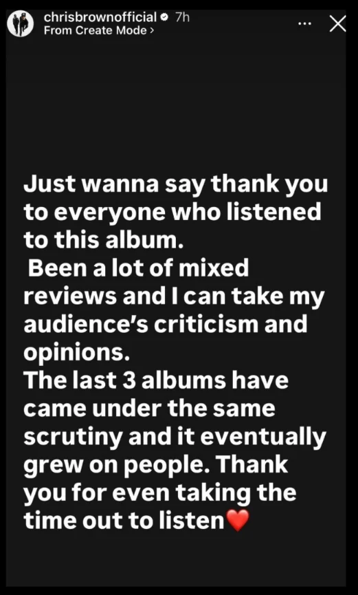 Chris Brown thanks listeners, acknowledges mixed reviews for his album Brown, says he values criticism, and appreciates their audience's time and support