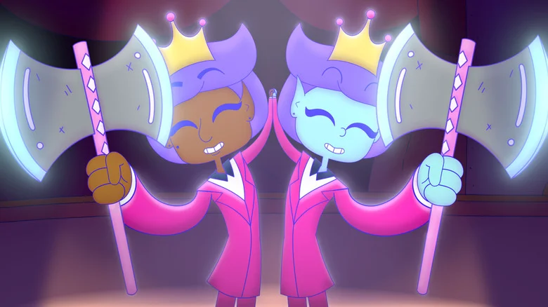 The two lesbian space queens holding their labryses in Lesbian Space Princess