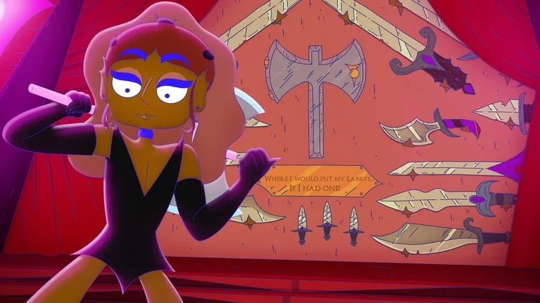A lesbian queen showing off her collection of bladed weapons (sans labrys) in Lesbian Space Princess