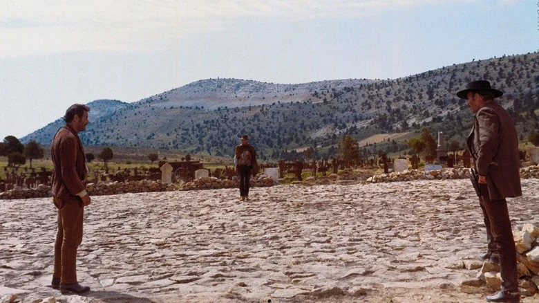 Eli Wallach as Tuco, Clint Eastwood as Blondie, Lee Van Cleef as Angel Eyes, in a standoff in The Good, the Bad and the Ugly