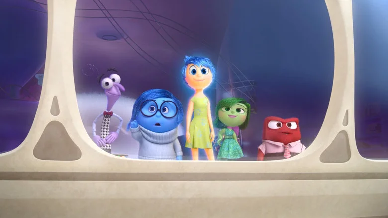 Fear Sadness Joy Disgust and Anger looking out the window of the control center in Inside Out