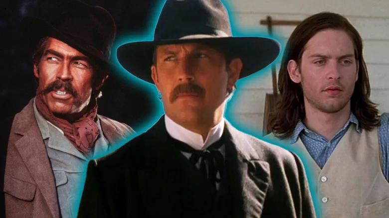 A collage of Wyatt Earp (Kevin Costner) in Wyatt Earp, flanked by John H. Mallory (James Coburn) in Duck, You Sucker! on the right and Jake Roedel (Tobey Maguire) in Ride with the Devil on the right