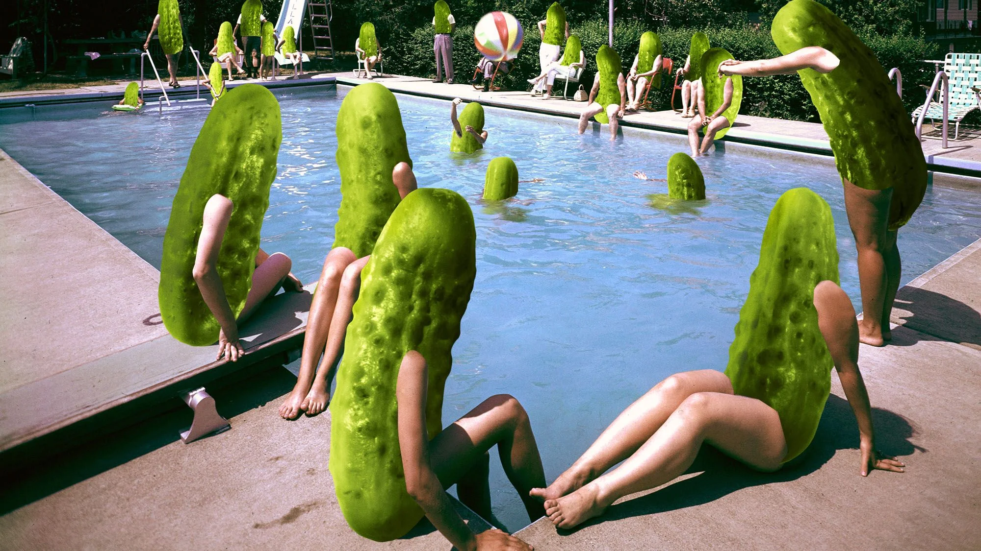 Photo collage of pickles at a pool party