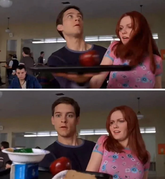 Peter Parker catching MJ and then catching all her lunch food back on the lunch tray in the cafeteria scene in Spiderman(2002)