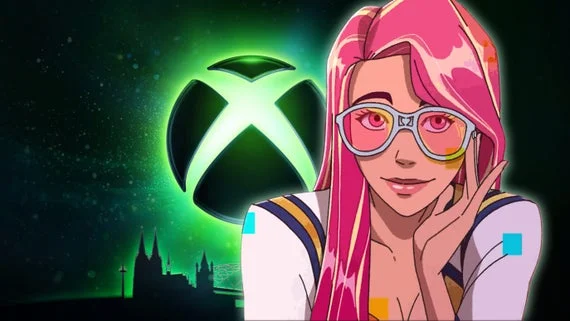 A pretty feminine character with pink hair and pink glasses looks at the camera. Behind here, a big glowing green Xbox logo can be seen.