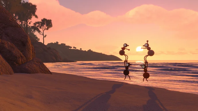 Official Big Walk screenshot showing four characters, with two standing on two others' shoulders, waves lapping at their feet on the shore, silhouetted against a gorgeous sunset
