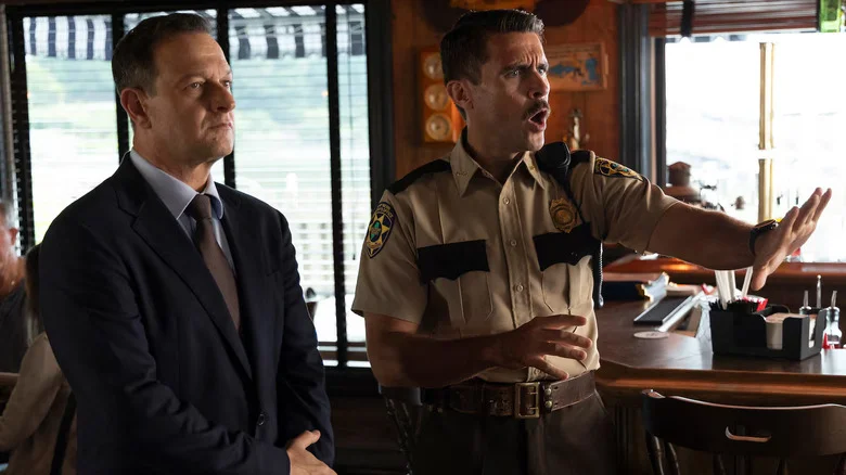 Dr. Best, looking staid, and Sheriff Mark panicking in Best Medicine