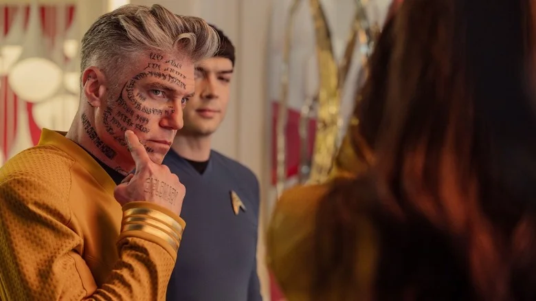 Captain Pike with writing all over his face in Star Trek: Strange New Worlds
