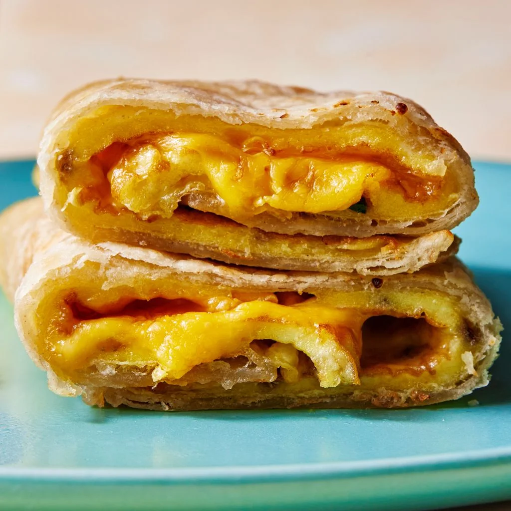 Straighton shot of a roti omelet rollup with sambal oelek on the side and american cheeze oozing out