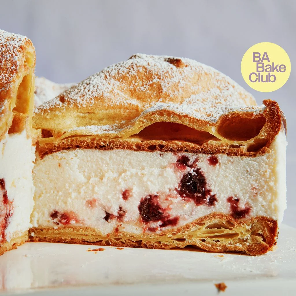 Two layers of choux pastry separated by a layer of sweetened cream cheese and plum compote.