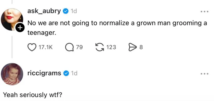 Two social media comments. First opposes normalizing grown men grooming teenagers, second agrees with "Yeah seriously wtf?"