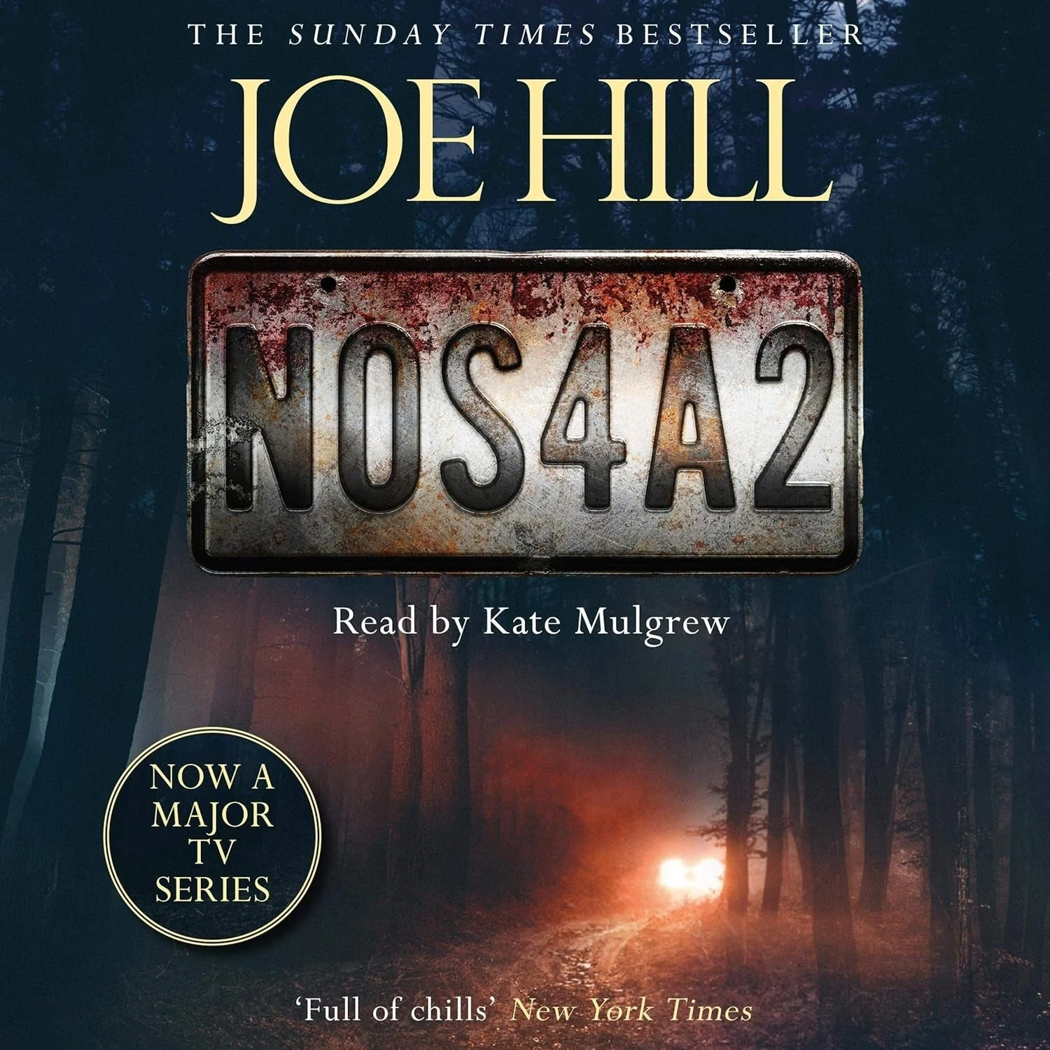 "NOS4A2" audiobook cover: a forest at night with a car’s headlights in the distance, featuring a license plate and a note about TV adaptation