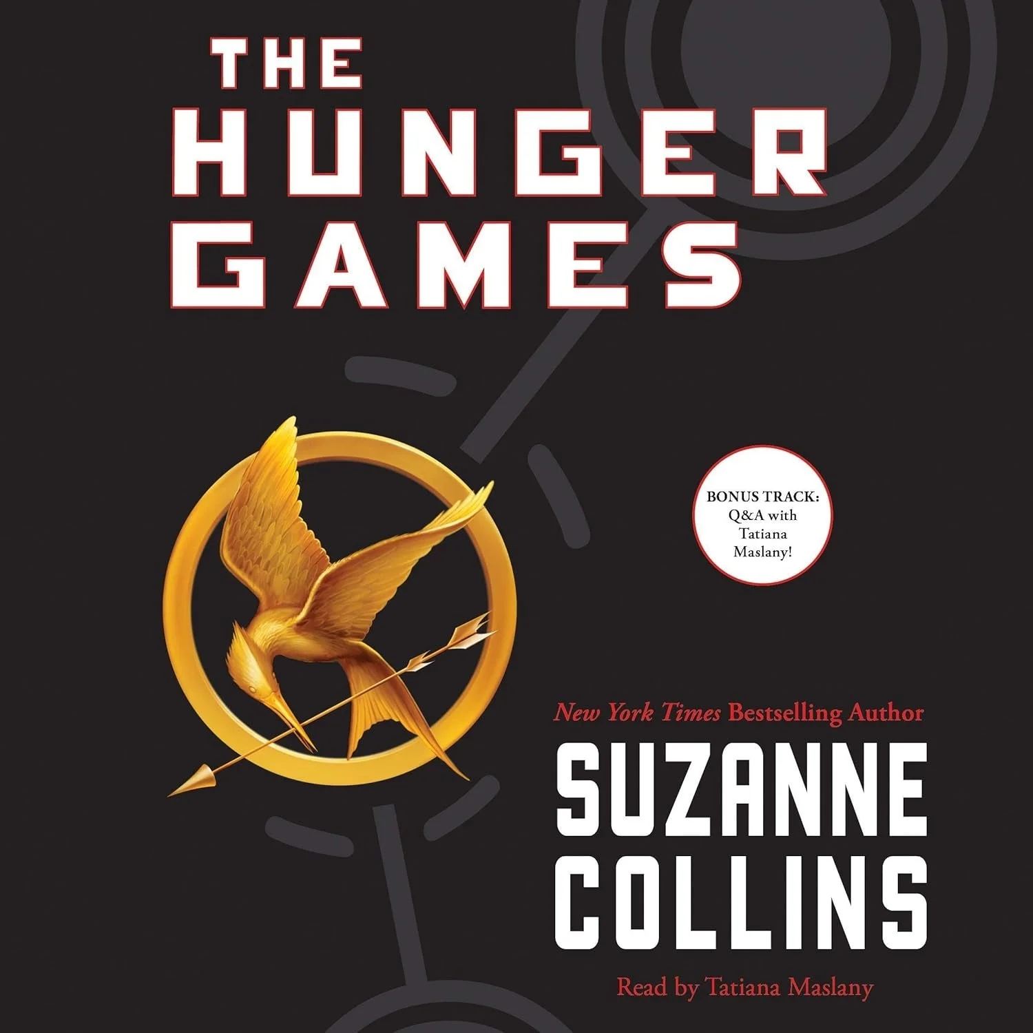 Audiobook cover for "The Hunger Games" by Suzanne Collins, read by Tatiana Maslany, featuring a gold mockingjay pin