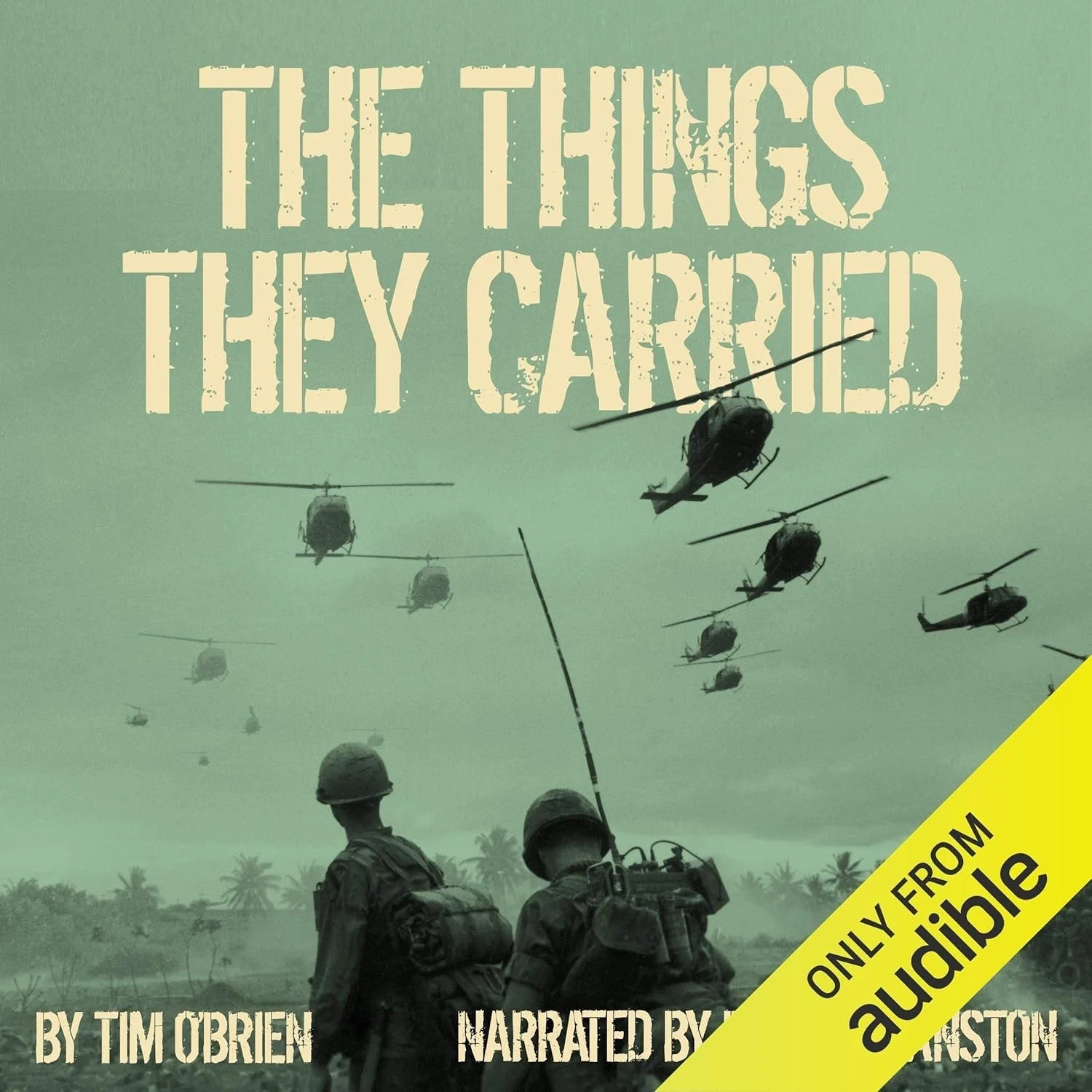 Audiobook cover of "The Things They Carried" by Tim O'Brien, featuring soldiers and helicopters, with an Audible logo