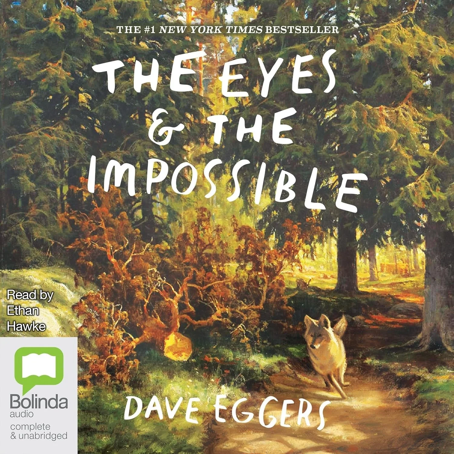 Audiobook cover of "The Eyes &amp; The Impossible" by Dave Eggers, read by Ethan Hawke, features a dog running through a sunlit forest