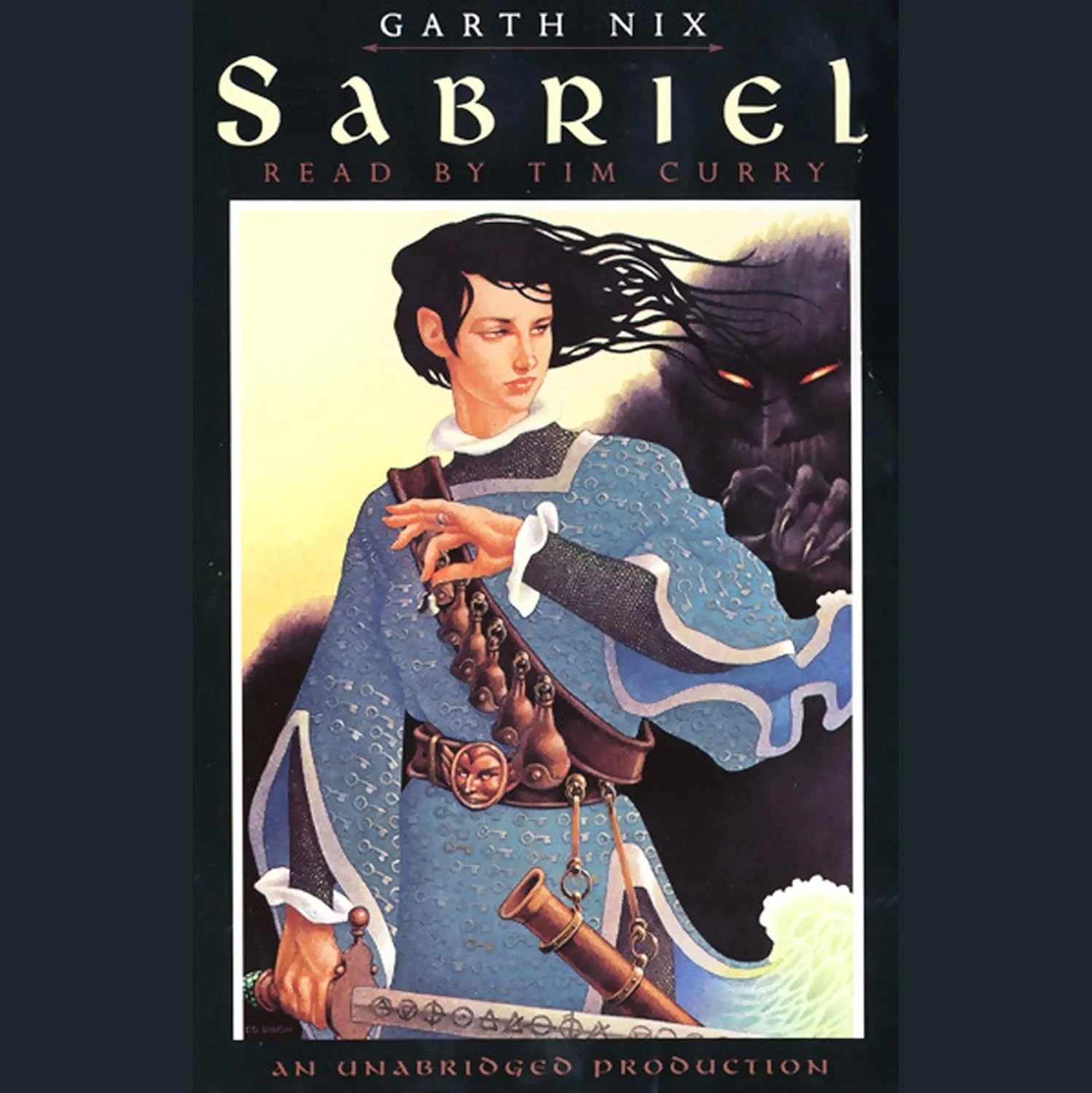 Audiobook cover of "Sabriel" by Garth Nix, read by Tim Curry, featuring a young person in medieval attire with an ominous shadow figure behind