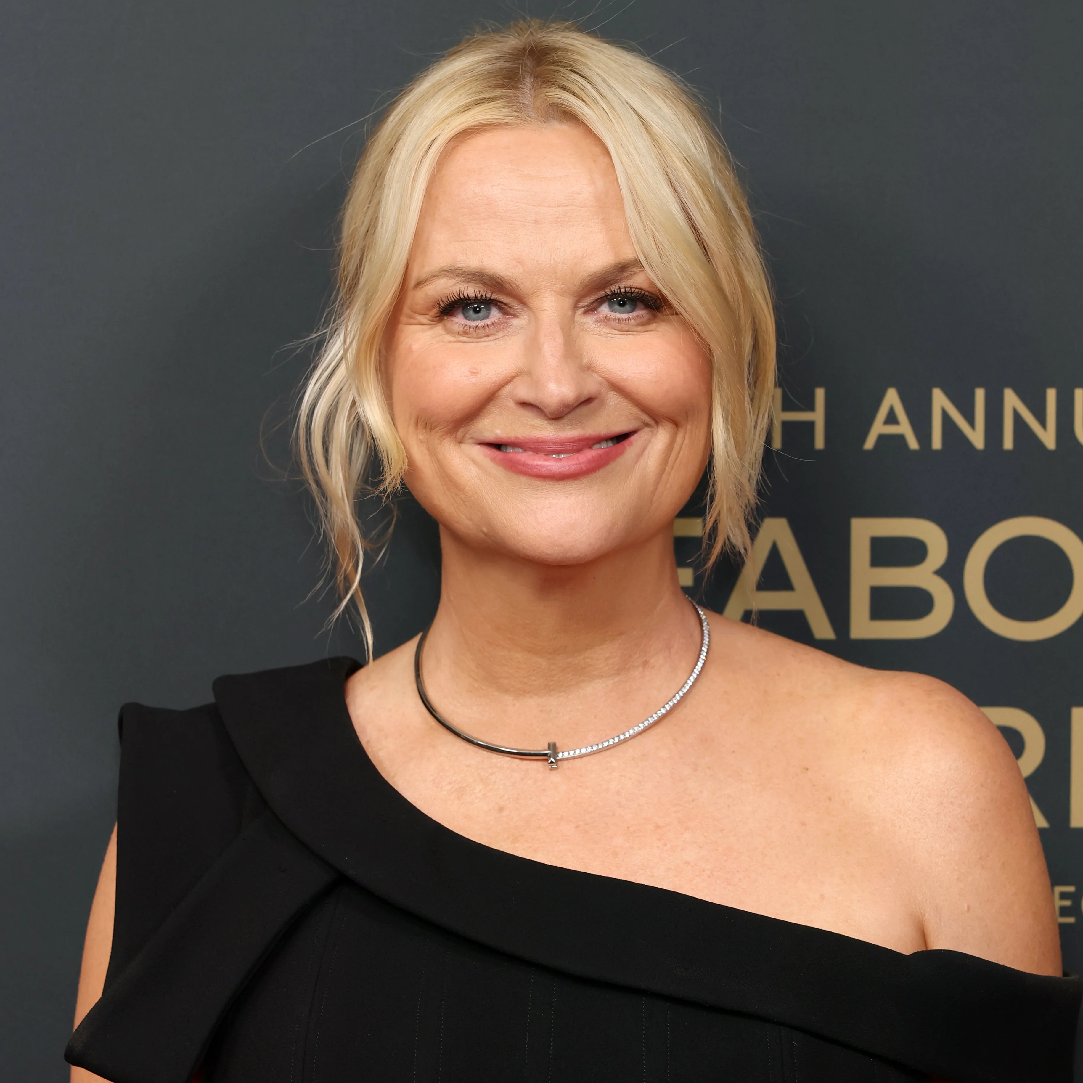 Amy Poehler in elegant, asymmetrical black dress smiles at event backdrop